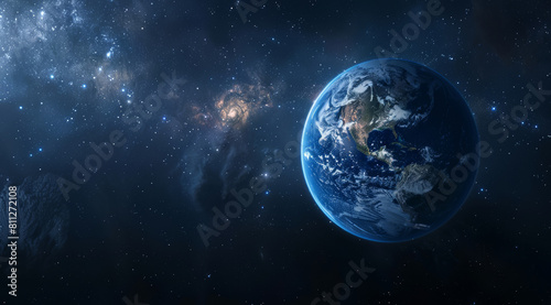 Universe  space and earth in orbit with dark background of galaxy for adventure  exploration or fantasy. Cosmos  planet and wallpaper of interstellar solar system for astrology or astronomy at night