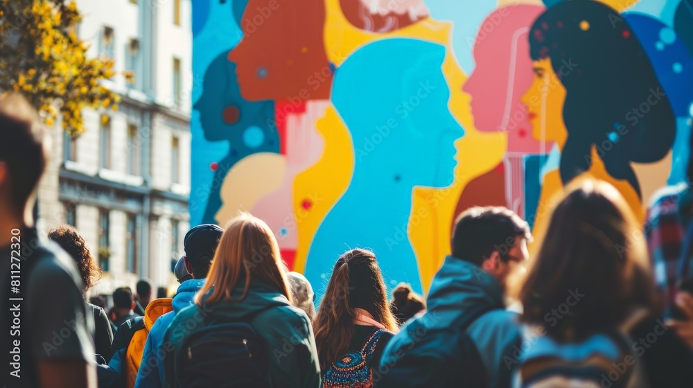 Fototapeta premium People walking in front of a colorful mural of a person's face.
