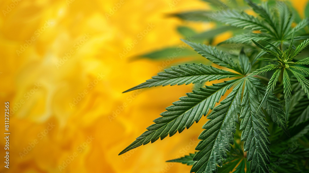 CBD oil leaf of cannabis, yellow background
