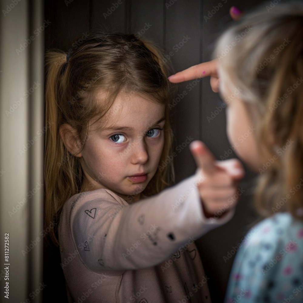 child girl stands in the corner, people point fingers at him