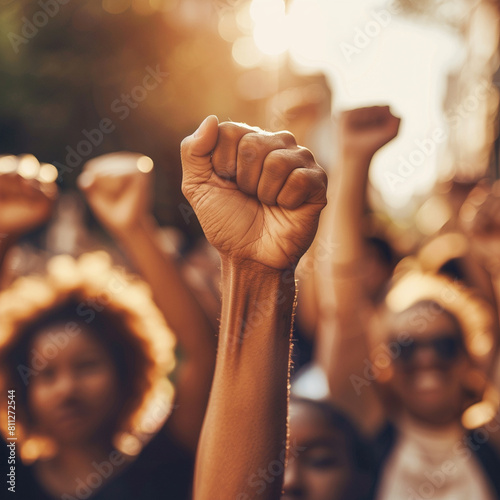 Capture the powerful image of a diverse group of people, hands raised in unity
