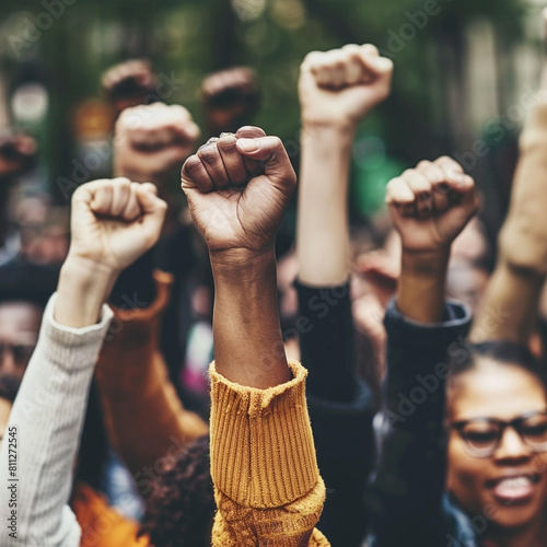 Capture the powerful image of a diverse group of people, hands raised in unity