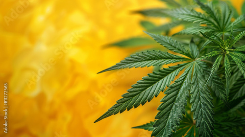 CBD oil leaf of cannabis, yellow background photo