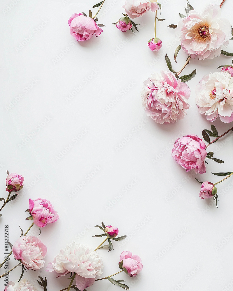 elegant stationery page with page border and small pink peonies on left quarter of the page elegant stationery page with page border and small pink peonies on left quarter of the page