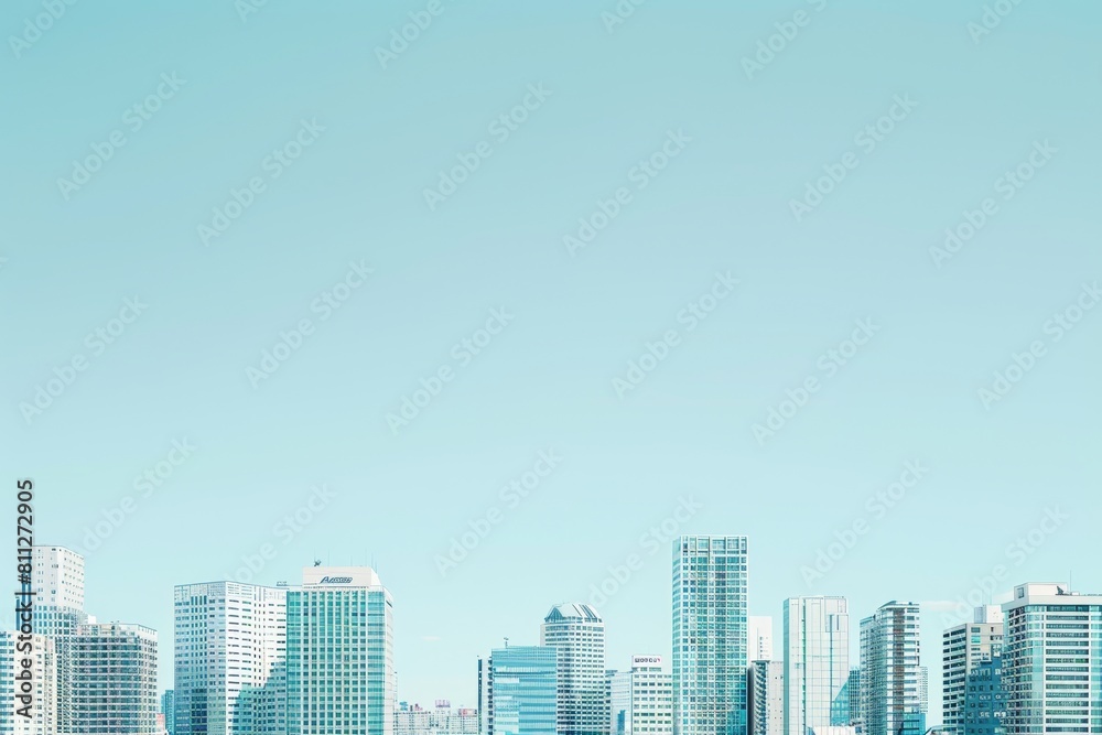 A city skyline with tall buildings overlooking a large body of water, A minimalist city skyline, emphasizing the clean lines and shapes of the buildings against a clear blue sky