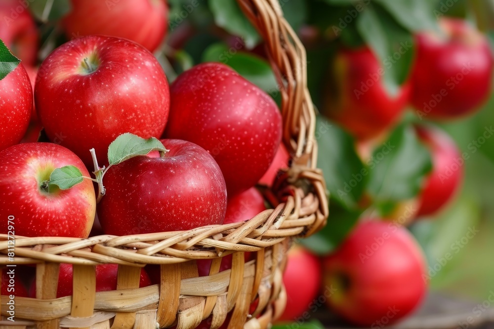 Vibrant apple orchard with rows of ripe fruits, a woven basket overflowing with colorful apples Vibrant apple orchard with rows of ripe fruits, a woven basket overflowing with colorful apples