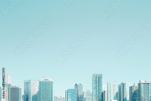 A city skyline with tall buildings overlooking a large body of water  A minimalist city skyline  emphasizing the clean lines and shapes of the buildings against a clear blue sky