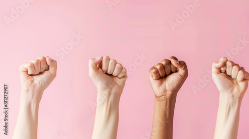 group of Raised fist of womans, soft pink minimalist background