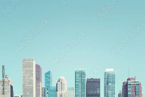 Urban Skyline With Tall Buildings, A minimalist city skyline, emphasizing the clean lines and shapes of the buildings against a clear blue sky