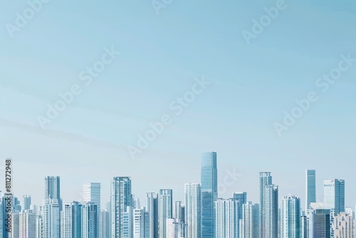 City Skyline With Tall Buildings  A minimalist city skyline  emphasizing the clean lines and shapes of the buildings against a clear blue sky