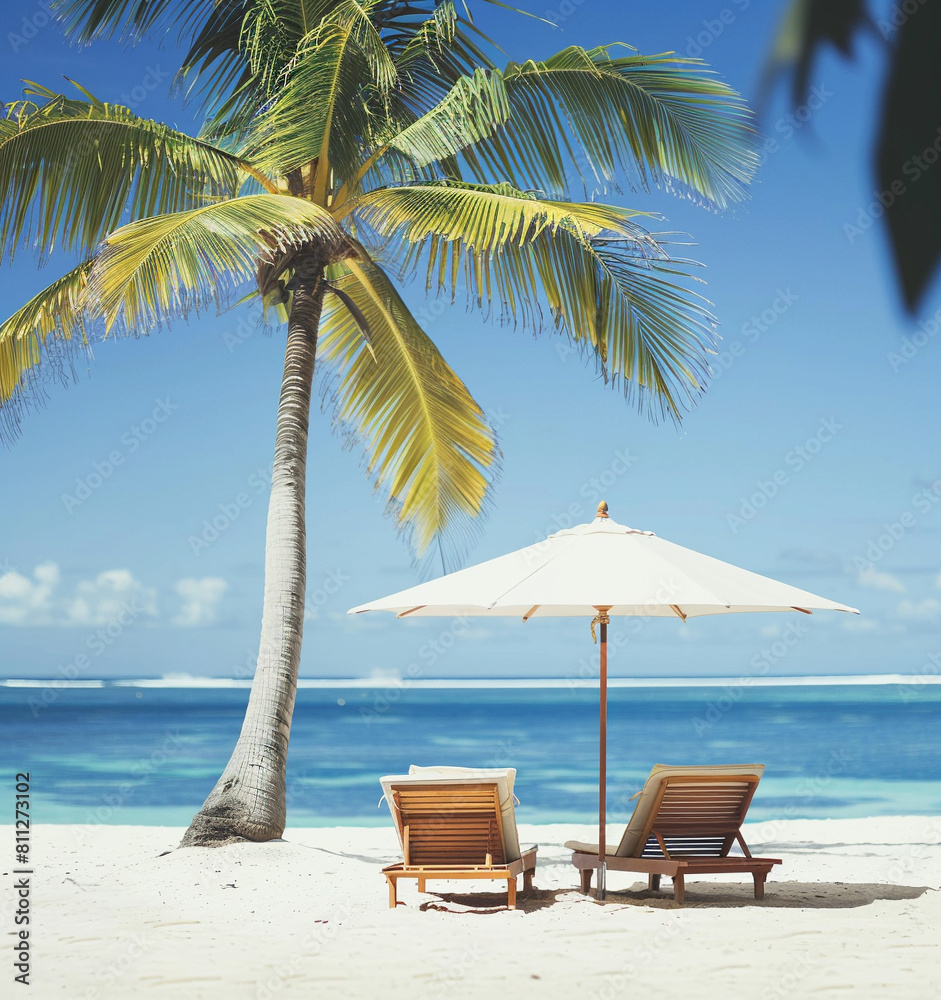 Obraz premium On a sunny beach, with palm trees and two lounge chairs with umbrella photo