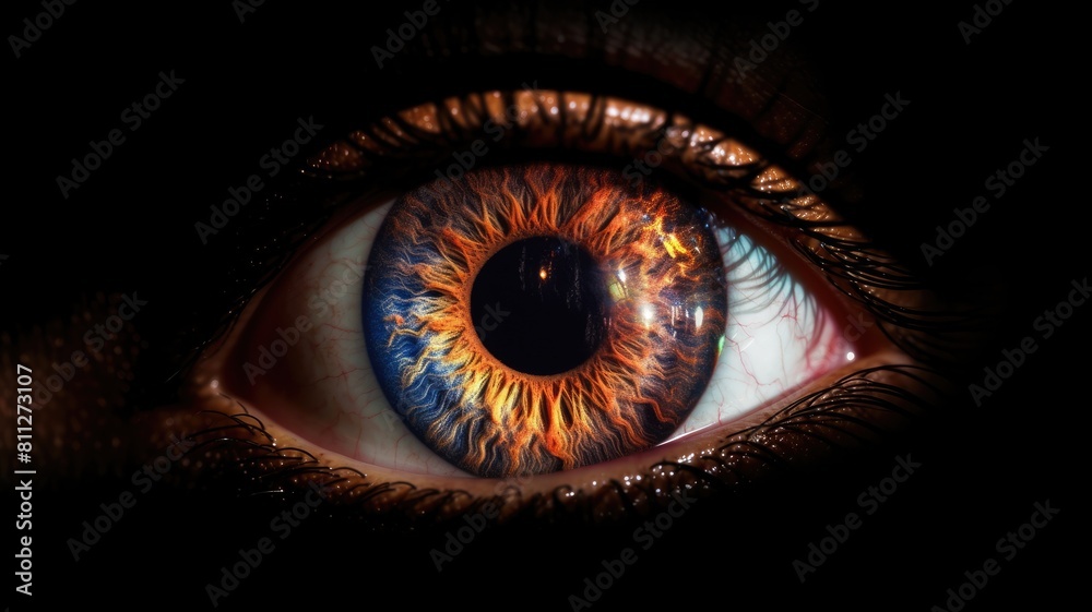 Close up of wide open human eye with galaxy reflection and glowing starry sky. Macrography of woman looking at camera confidently. Focus on eyes. Focus on eyes. Concept of vision and beauty. AIG35.