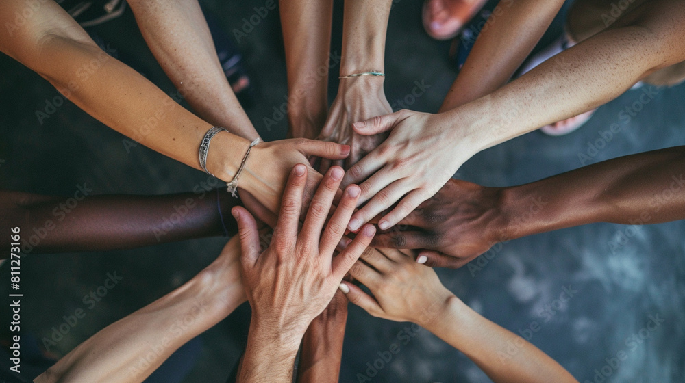 photo of a ring of people with their hands on top of each other in a team photo of a ring of people with their hands on top of each other in a team