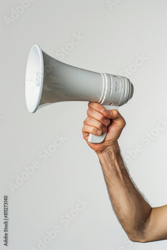 Person holding white megaphone against white background, close-up side view, close-up hand