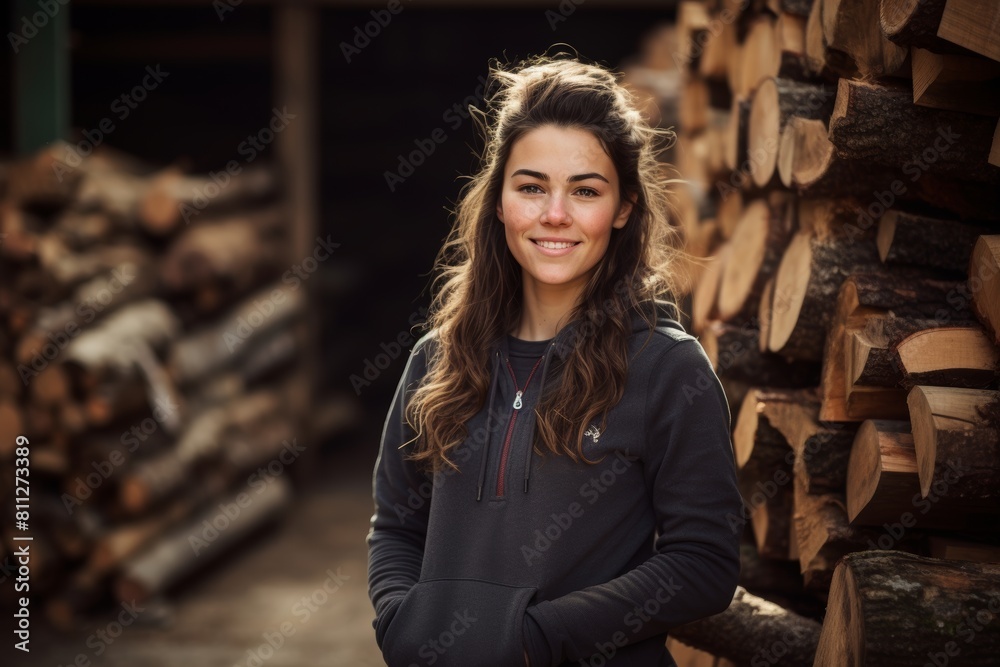 A Vision of Resilience and Grace: A Young Woman's Portrait Against the Rugged Backdrop of a Bustling Lumberyard A Vision of Resilience and Grace: A Young Woman's Portrait Against the Rugged Backdrop of a Bustling Lumberyard