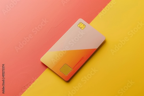 A credit card rests on a vibrant yellow and pink backdrop, A minimalist credit card with geometric shapes