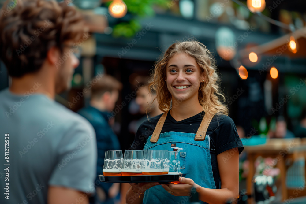 Fototapeta premium Restaurant Service: Female Waiter Carrying Tray of Dripping Fresh Beer Glasses
