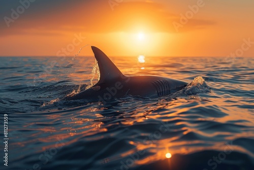 A serene image capturing a shark fin gliding above tranquil waters against a breathtaking golden sunset reflecting the beauty of nature © Larisa AI