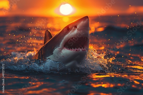This image captures the terrifying majesty of a great white shark s attack during the stunning golden hour sea horizon