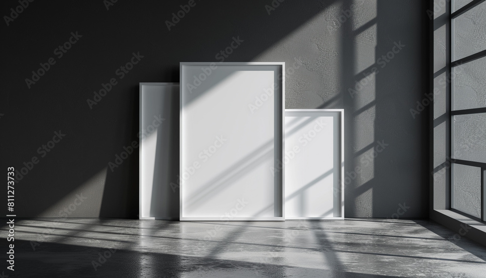 Obraz premium white mockup of four frames with different sizes standing on the floor