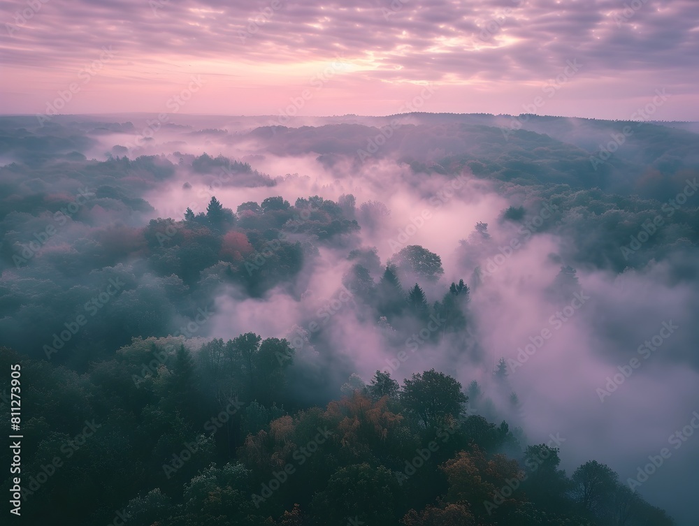 Misty Forest Canopy at Dawn Ethereal Landscape Shrouded in Soft Mystical Fog