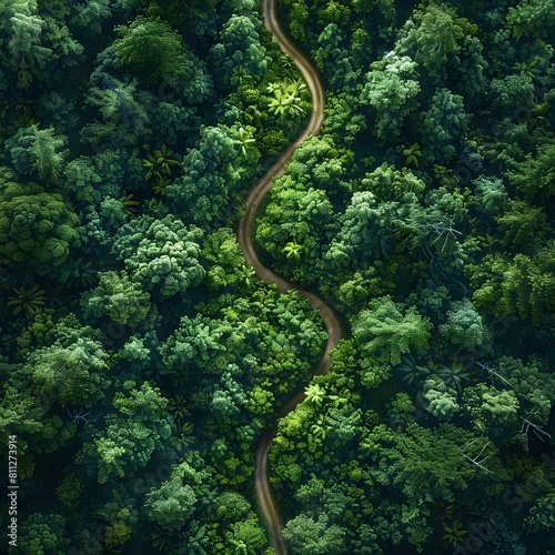Aerial View of Winding Forest Path Encased in Lush Verdant Foliage