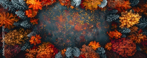 Breathtaking Autumn Forest Mosaic from Above Vibrant Foliage in Fiery Colors Creating a Stunning Natural Landscape