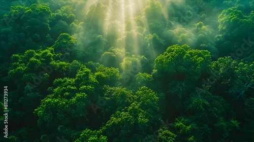 Aerial Drone Shot of Lush Forest Canopy With Sun Filtering Through Leaves Highlighting the Rich Verdant Greenery and Natural Beauty of the Woodland