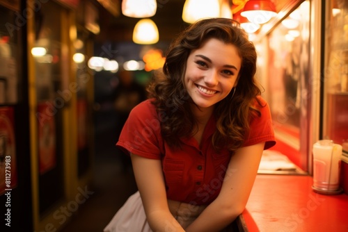 A Nostalgic Moment Captured in Time  A Young Woman Smiling Gently as She Sits at a Retro Diner Booth  Surrounded by the Warm Glow of Neon Lights and Vintage Decor