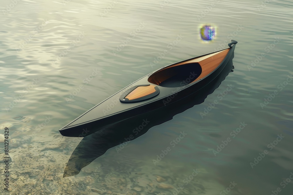 A small boat floats on top of the water, A minimalist design of a kayak blending into its natural surroundings A small boat floats on top of the water, A minimalist design of a kayak blending into its natural surroundings