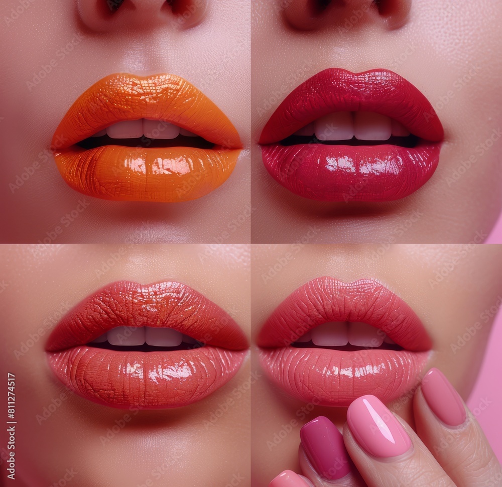 Obraz premium Collage of various lipstick colors on female lips. Close-up beauty photography for cosmetic advertising.