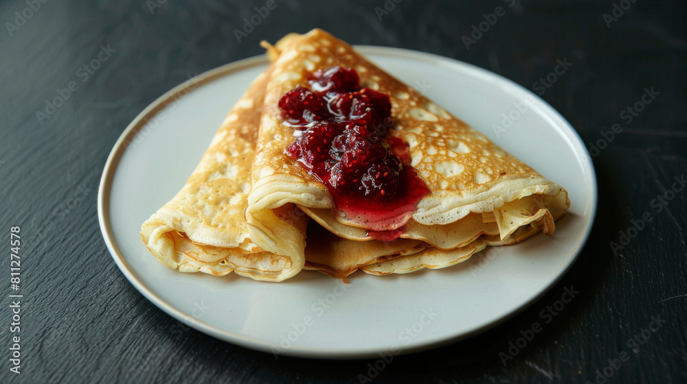 Homemade estonian-style crepes topped with shimmering berry jam, presented on a plain white plate against a dark backdrop Homemade estonian-style crepes topped with shimmering berry jam, presented on a plain white plate against a dark backdrop