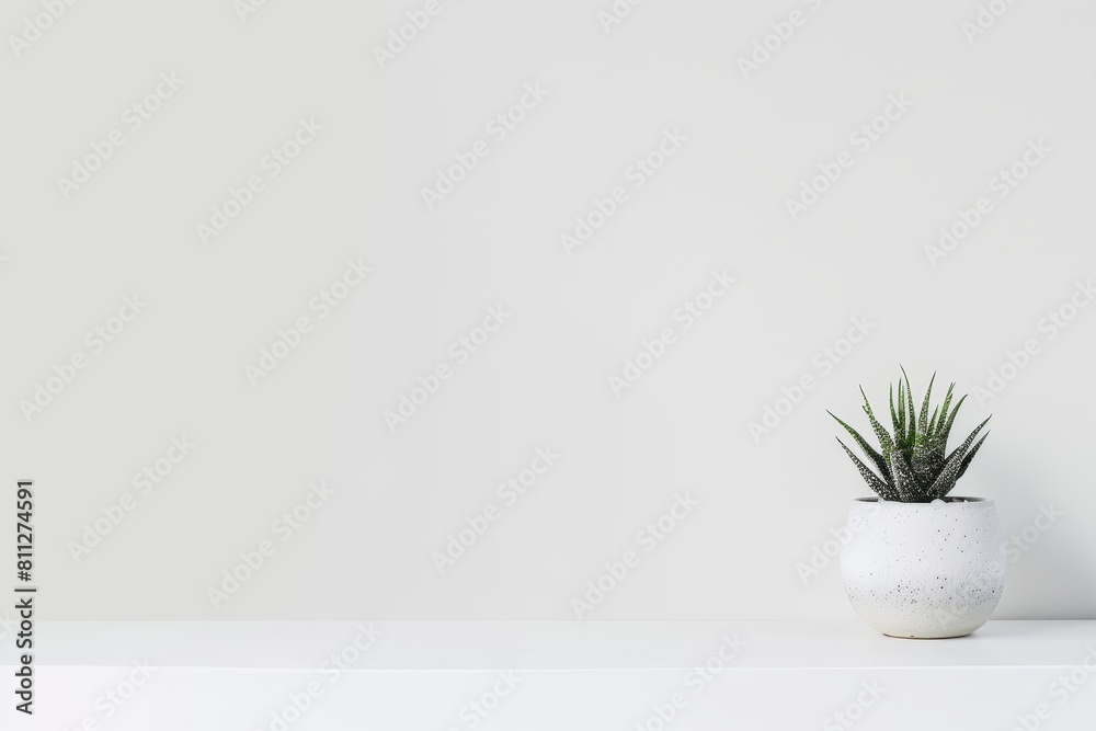 A white potted plant is placed on top of a white shelf in a minimalist setting, A minimalist desk with a single potted plant A white potted plant is placed on top of a white shelf in a minimalist setting, A minimalist desk with a single potted plant