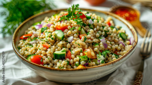 Vibrant bowl of traditional estonian summer salad, featuring pearl barley, fresh vegetables, and herbs on a rustic tablecloth