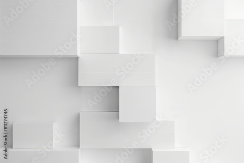 Geometric shapes in white, squares and rectangles pattern the background in an abstract design, A minimalist geometric design against a pure white backdrop