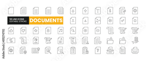 Set of 50 Documents line icons set. Documents outline icons with editable stroke collection. Includes Bill, Invoice, Audio, Text, Music Document, and More.