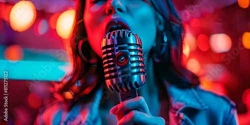 Karaoke Performance: Female Singer Embracing Retro Microphone on Bar Stage