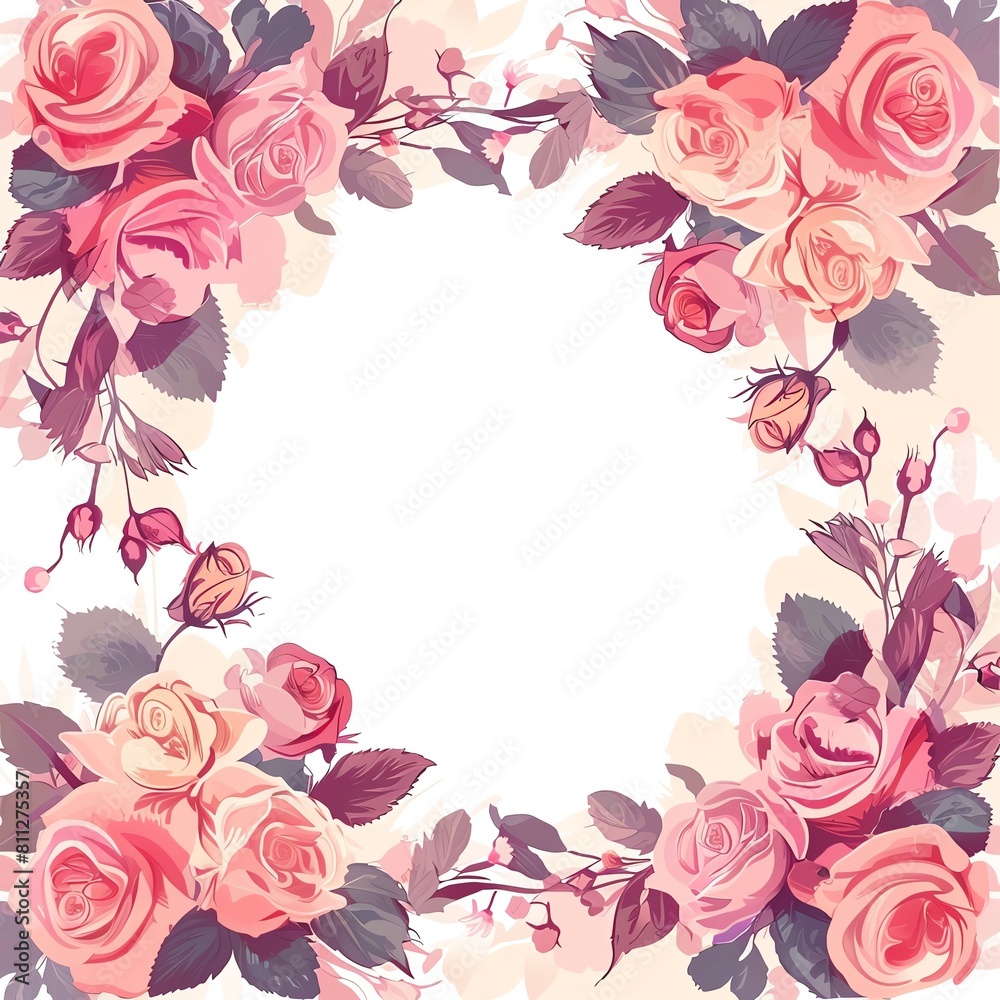 Pink flower frame adorned with roses and peonies, flat design, front view, romantic theme