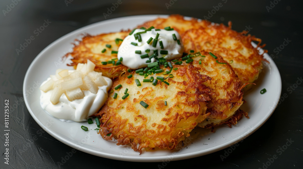 Tasty estonian-inspired potato pancakes accompanied by sour cream, pickled vegetables, and a sprinkle of fresh chives Tasty estonian-inspired potato pancakes accompanied by sour cream, pickled vegetables, and a sprinkle of fresh chives