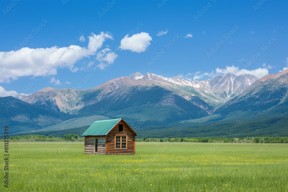 Idyllic cabin in green field with mountains
