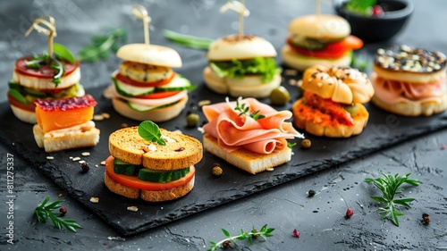 : An assortment of gourmet mini sandwiches on a black slate. photo