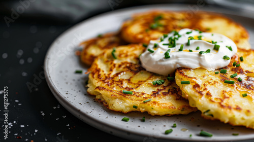 Traditional estonian potato pancakes with a dollop of fresh sour cream and chives  presented on a contemporary ceramic plate