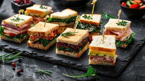 Assortment of gourmet mini sandwiches on a slate board.