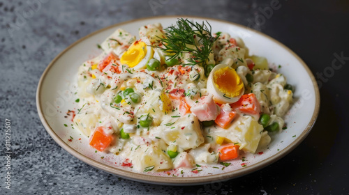 Creamy estonian potato salad garnished with dill, featuring carrots, peas, eggs, and a sprinkle of paprika on top