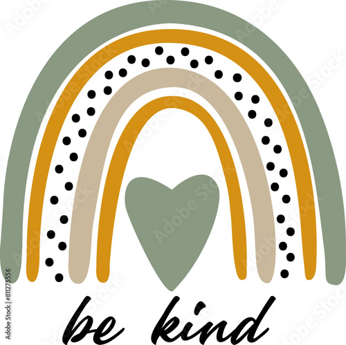 Pastel Rainbow Be Kind Lettering with Heart. Inspirational Quote Print for T-Shirt, Clothes, Apparel Design. Motivational Kindness Illustration for Cards and Posters. Modern typographic slogan.