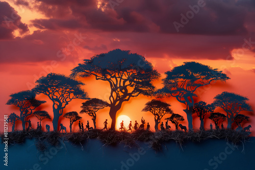 Silhouetted figures under African trees at sunset © gearstd