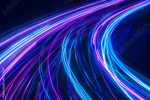 Hypnotic neon lines with luminous blue and purple light trails. Captivating design on black background.