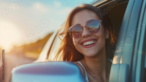 Mulher sorrindo na janela de um carro - wallpaper HD photo