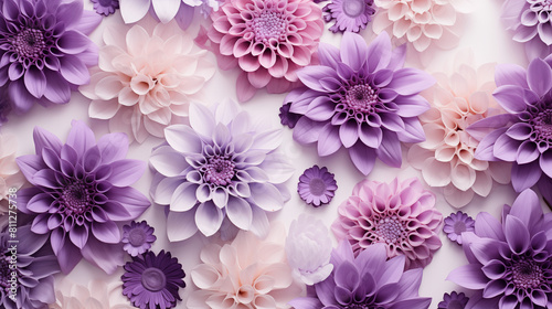 Beautiful close-up of various shades of purple and pink paper flowers in a flat lay arrangement.
