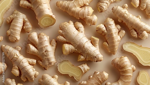 Ginger root on white background. Top view. Flat lay. Ginger root seamless pattern photo